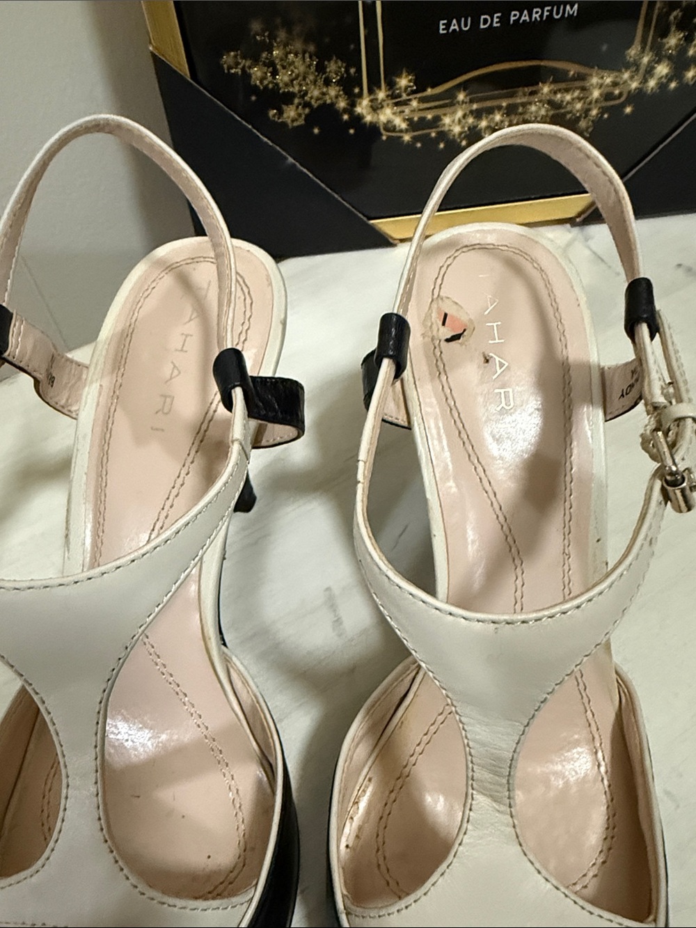Tahari Black and Cream Pointed Toe Slingback Heels - Picture 2 of 6